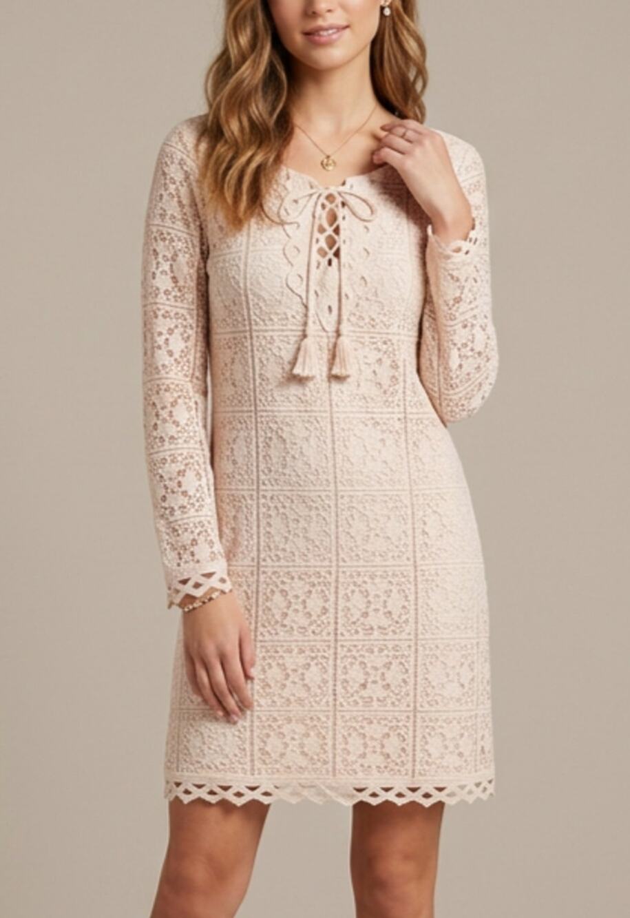Chelsea & Violet Lace-Up Peach Dress crochet XS long sleeves cottage romantic